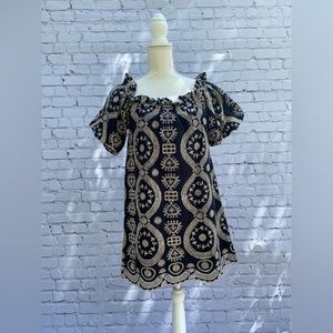 Loveshack Fancy Miranda Eyelet Off Shoulder Dress Black Beige